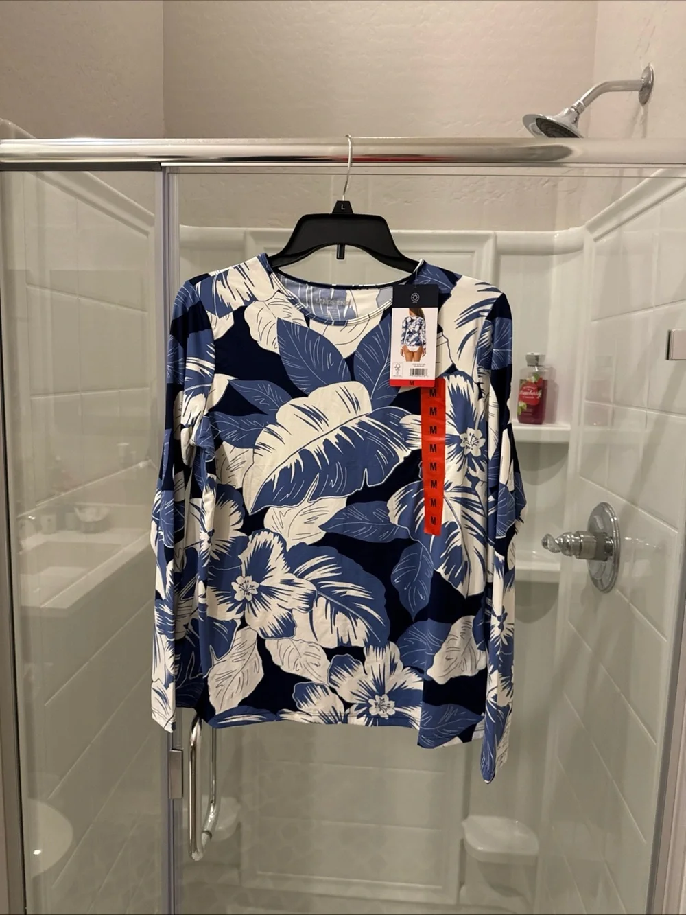 Lands' End Navy and Cream Tropical-Print Long Sleeve Top
